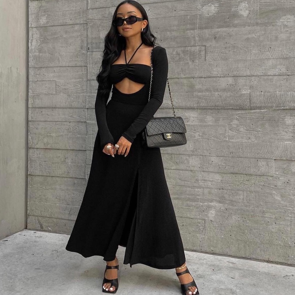 Alamour the Label Norma black shimmer long sleeve cutout midi dress Size XS